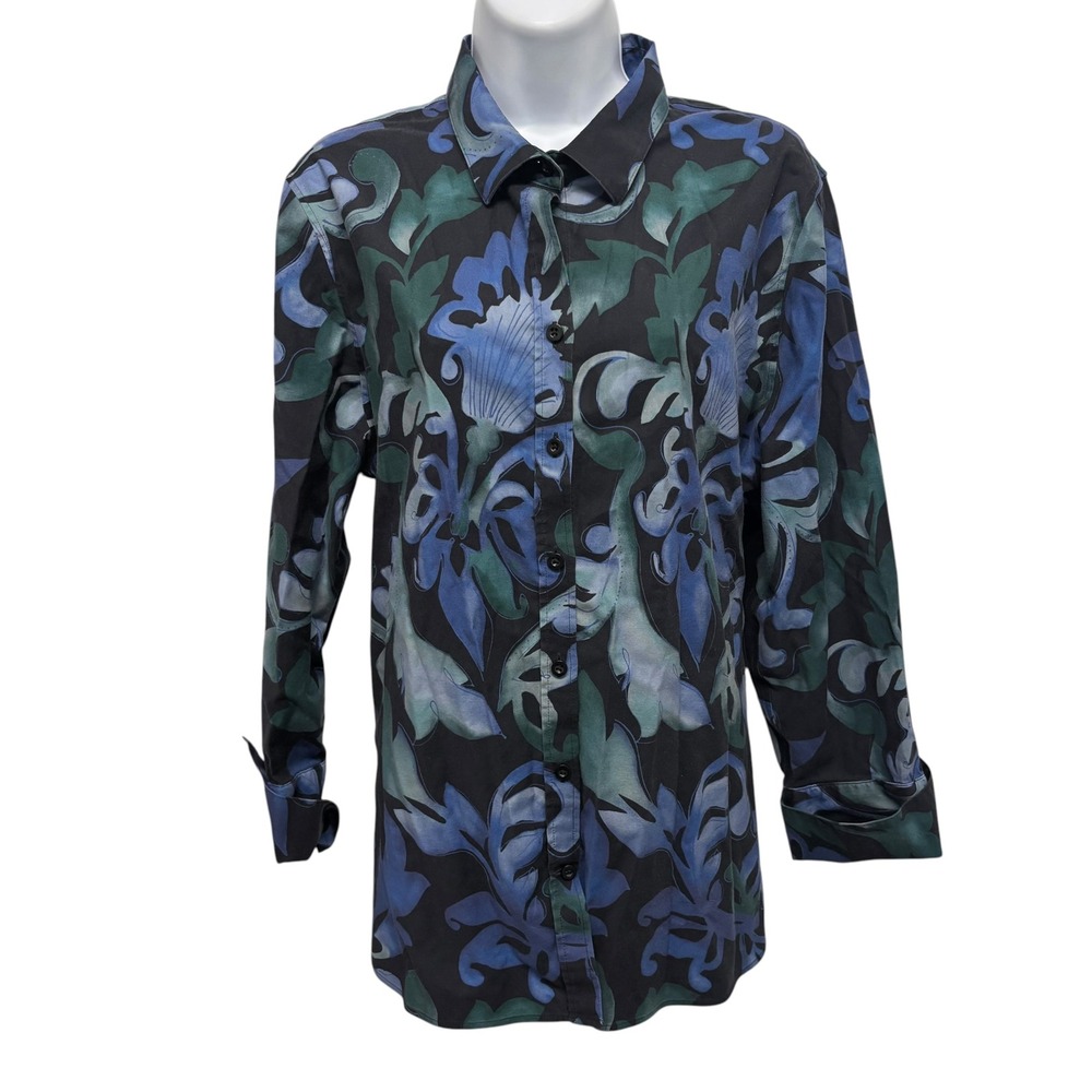 Chico's Womens Size 2.5 US 14 Floral Leaf Button Down Shirt Long Sleeve Black